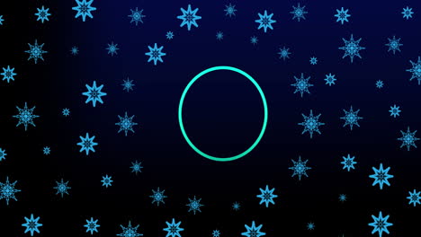 animation of circles and snow at christmas on black background