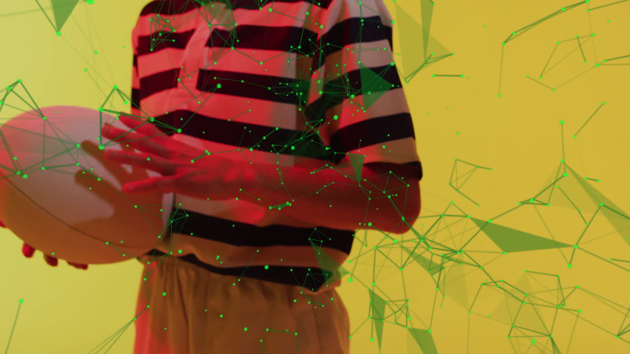 Woman holding white ball in studio, integrating digital network nodes overlay for technology design