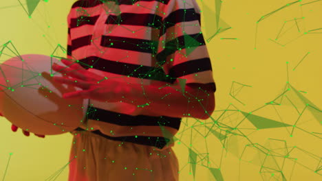 Woman holding white ball in studio, integrating digital network nodes overlay for technology design