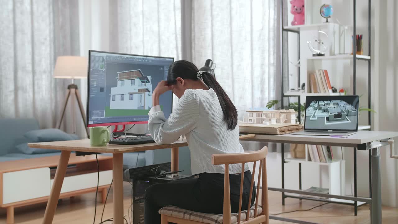 아시아 여성 엔지니어가 집에 있는 데스크에서 집을 설계하는 동안 두통을 고 있습니다.