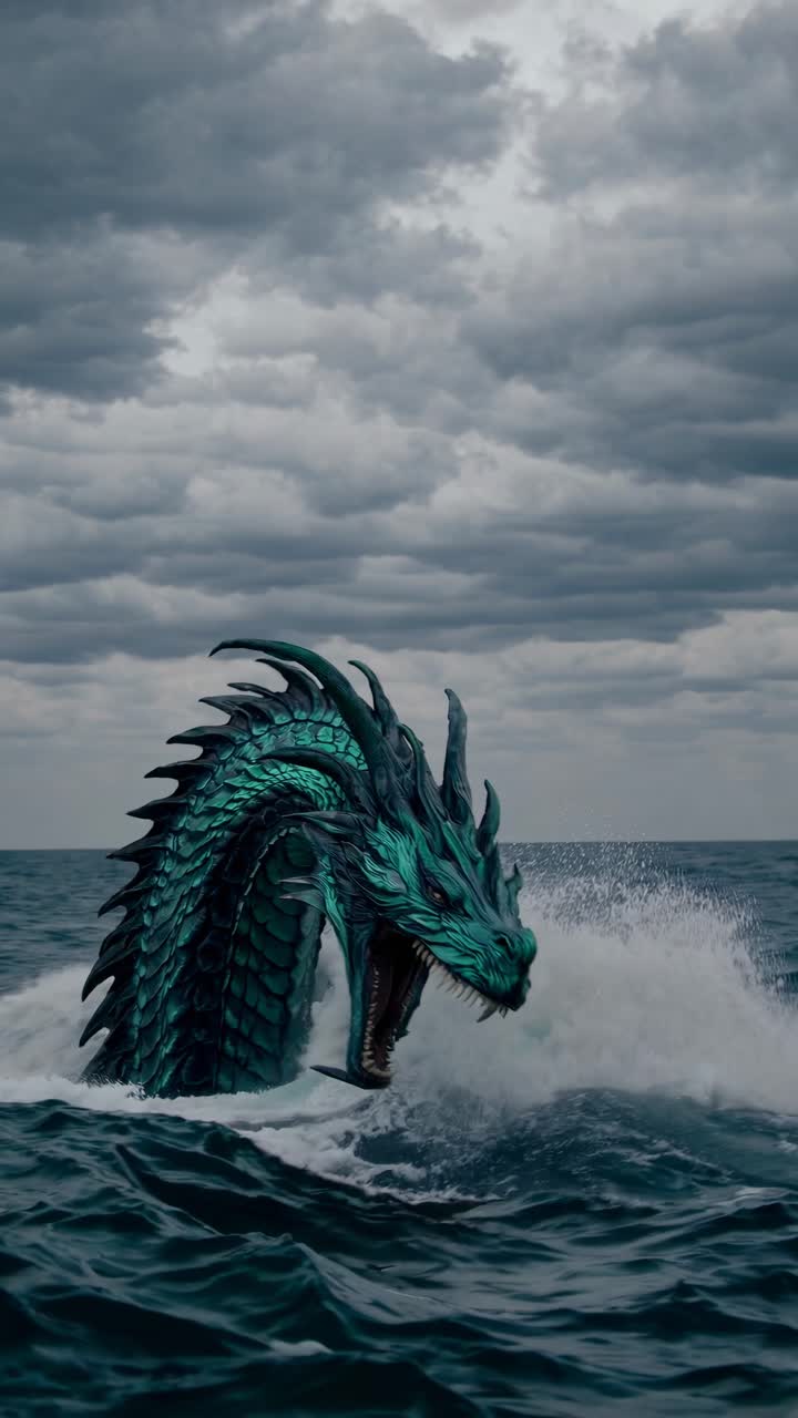 A majestic sea dragon emerges from turbulent waters under a stormy sky