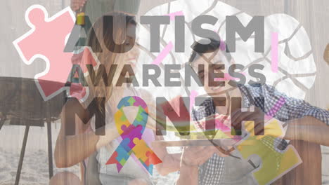 animation of colourful puzzle pieces and autism text over happy friends at summer beach party