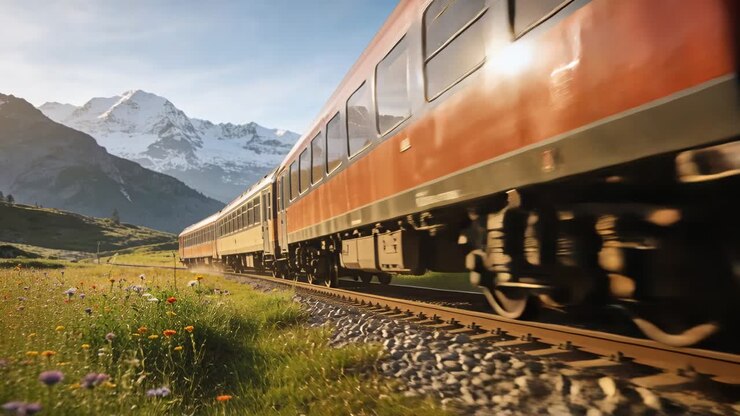 Train entering frame from right, starting low pass to cross alpine meadow, wheels throwing gravel