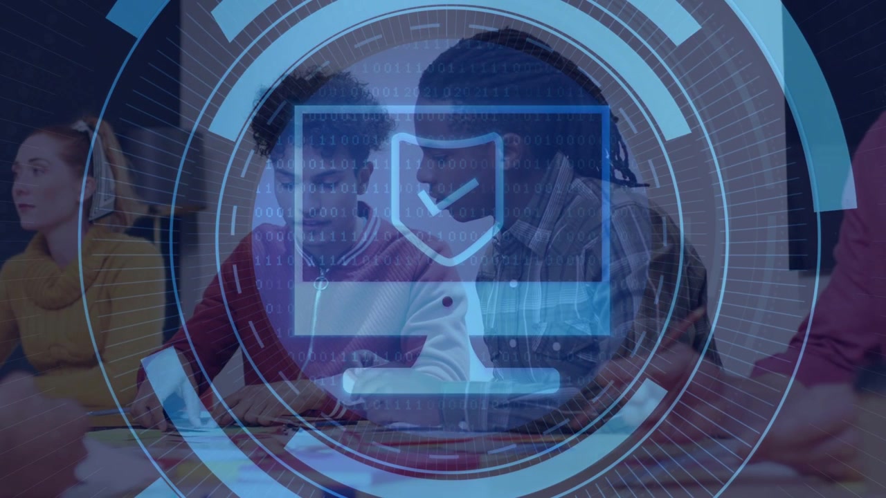 Two men collaborating in education lab, handling crafts causing HUD rings revealing security icon