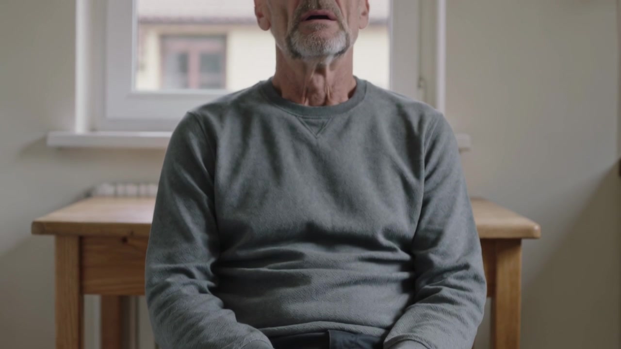 La telecamera si allontana mostrando un uomo anziano con una maglia grigia che stringe un oggetto bianco, alzando la testa a casa.