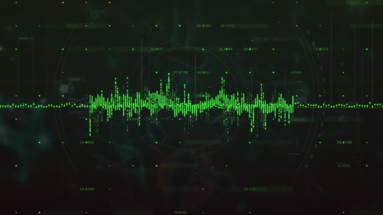 Animation of green data stream and processing data on black background