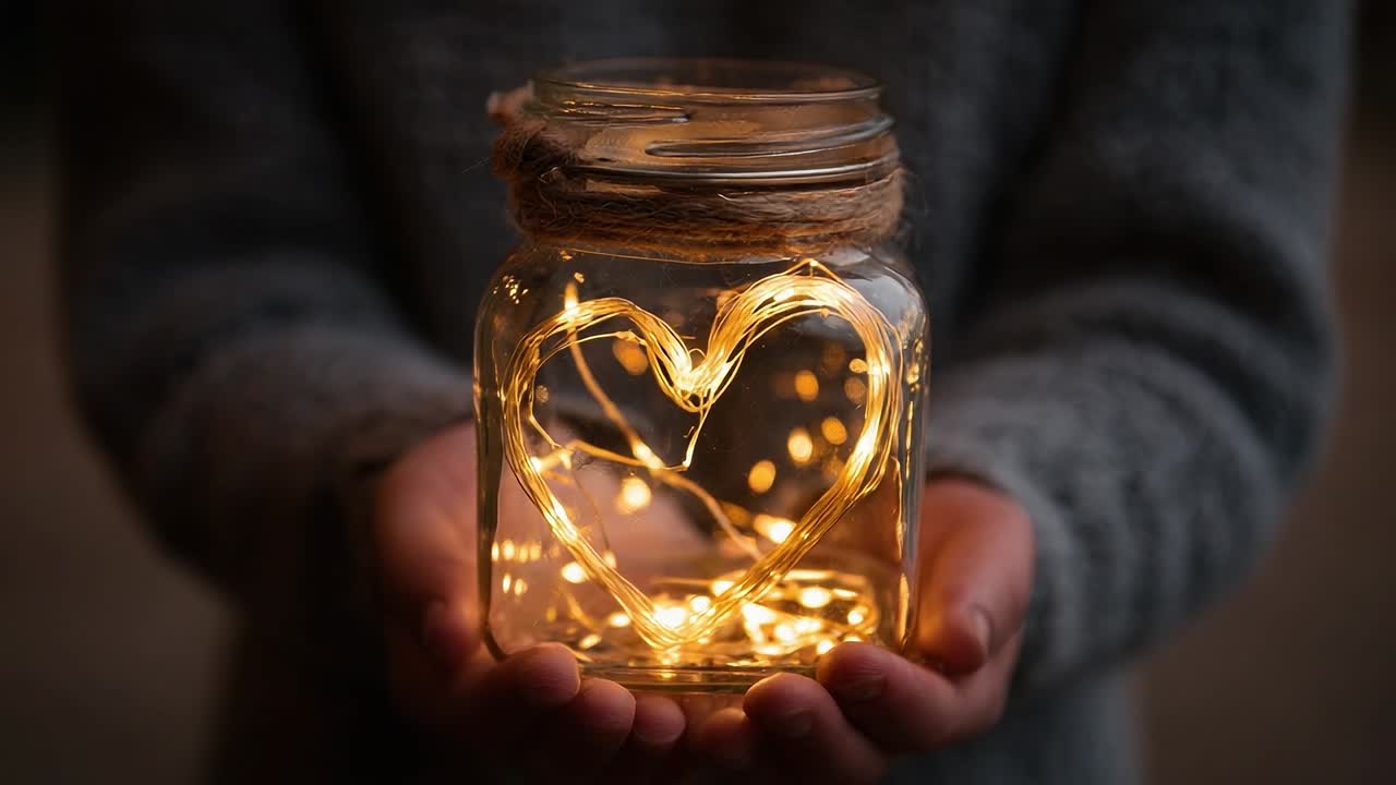 Holding a jar filled with glowing lights in heart shape