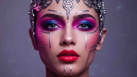 stunning fusion of futuristic makeup and artistry: a captivating portrait showcasing bold colors, intricate designs, and exquisite glamour in a unique aesthetic