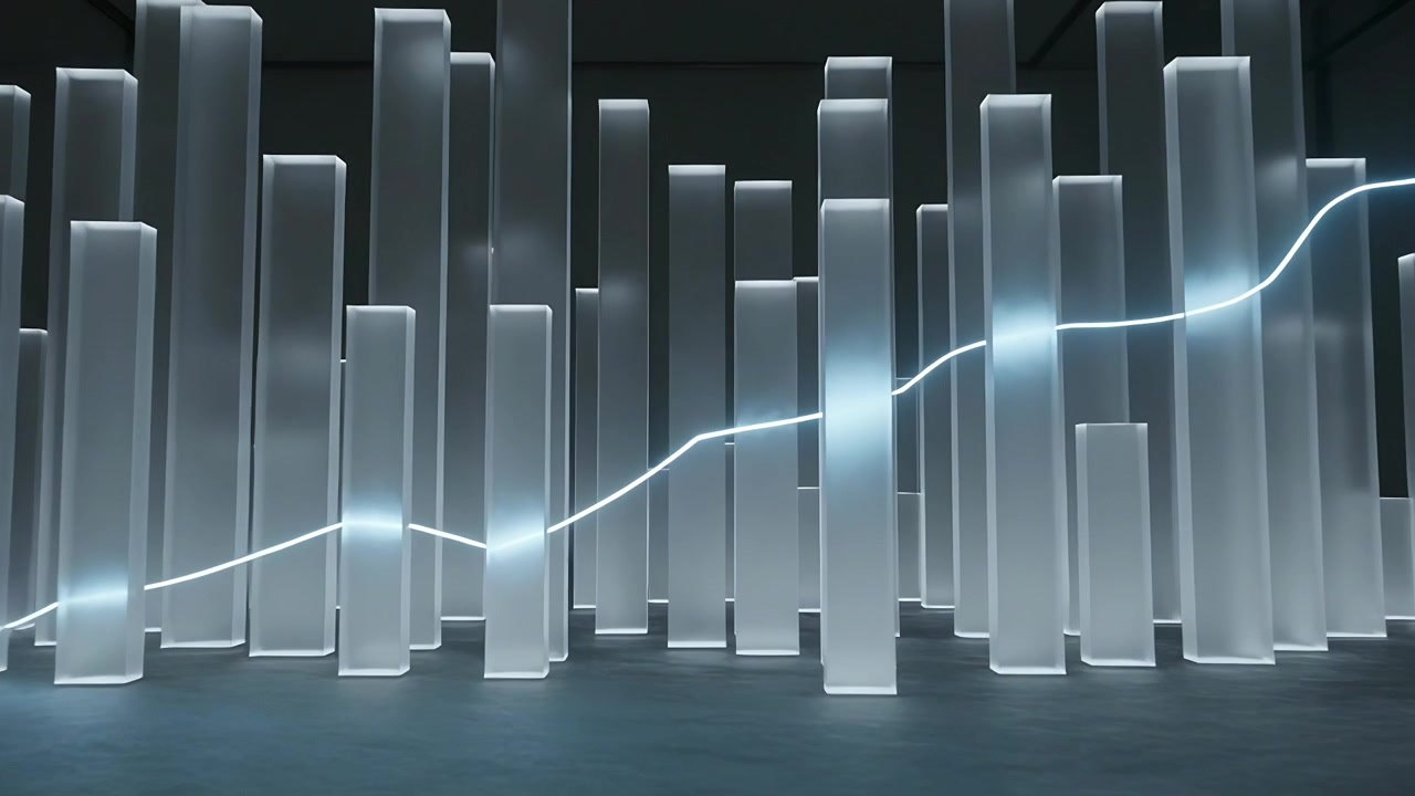 Gliding luminous streak starting left tracing frosted columns in dim gallery, animating waveform