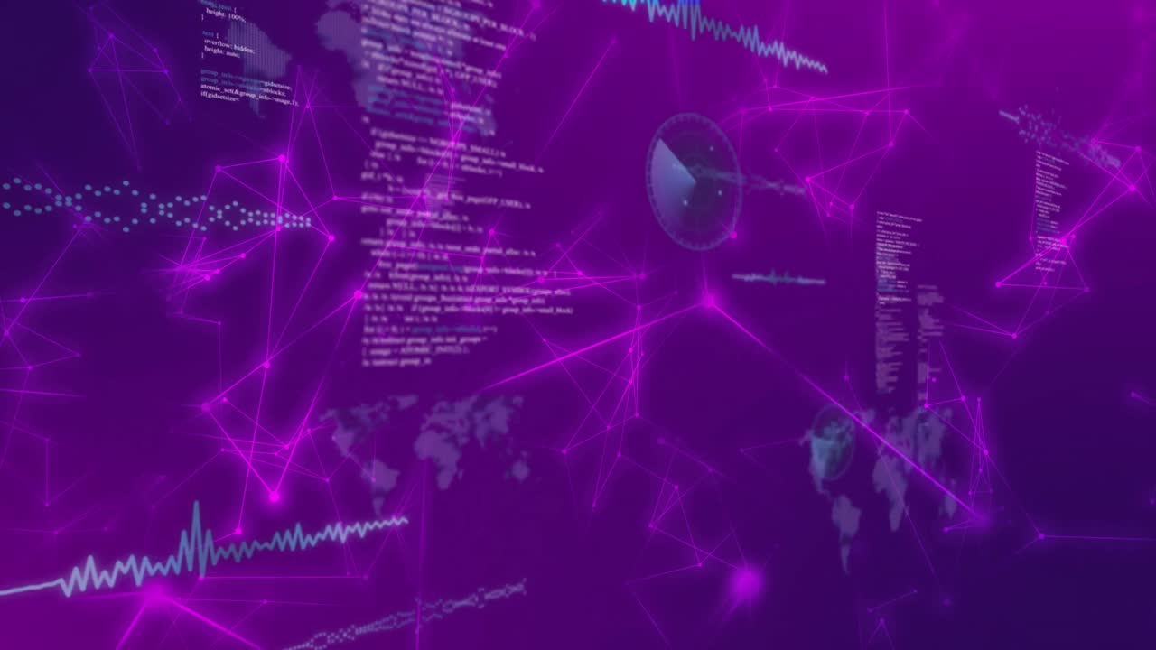 animación de escáneres redondos, procesamiento de datos y red de conexiones contra un fondo púrpura