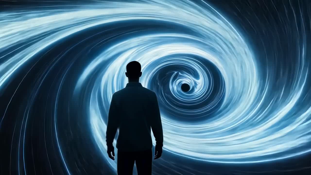 Silhouette of a person facing a swirling vortex of light, captured from behind at eye level