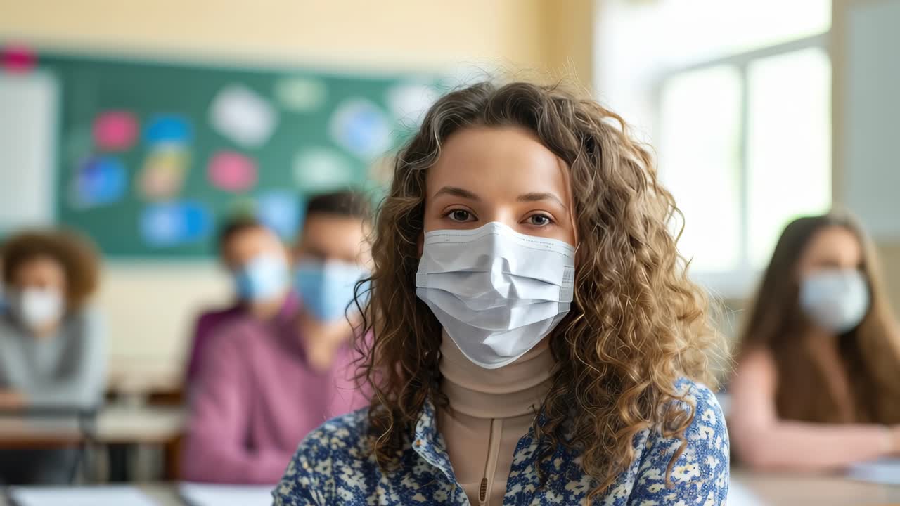 Group of students wearing protective face masks sitting in classroom during virus pandemic, respecting social distancing and new normal guidelines for preventing spreading contagious disease