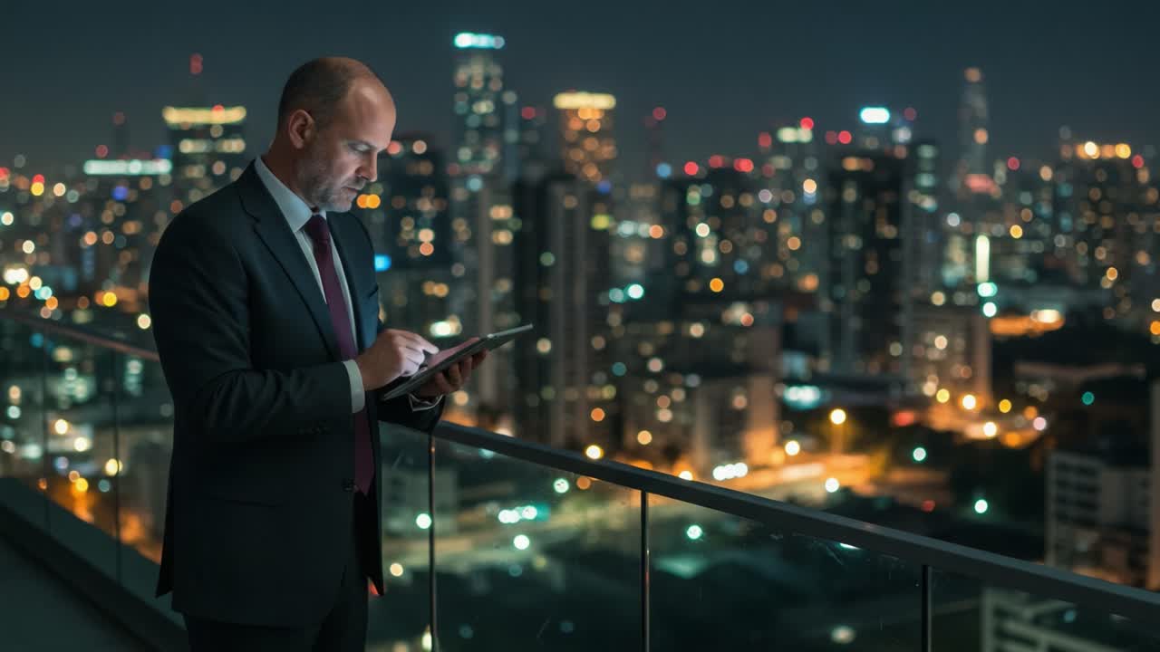 A Professional Man Engaged in Digital Communication Against a Stunning City Skyline at Night, Highlighting Modern Connectivity and Urban Life