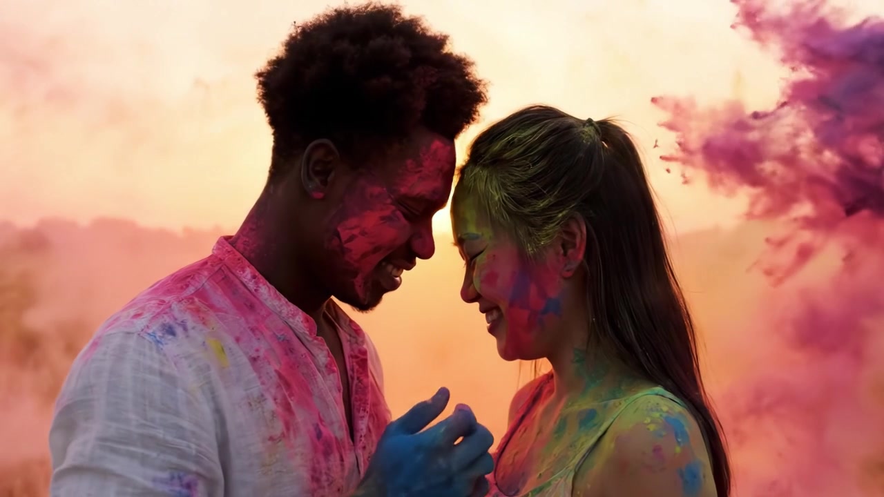 Una Celebrazione Colorata dell'Amore: Due Amici si Abbracciano in un Arcobaleno di Polvere Holi Mentre Condividono Momenti Gioiosi su uno Sfondo di un Tramonto Mozzafiato.