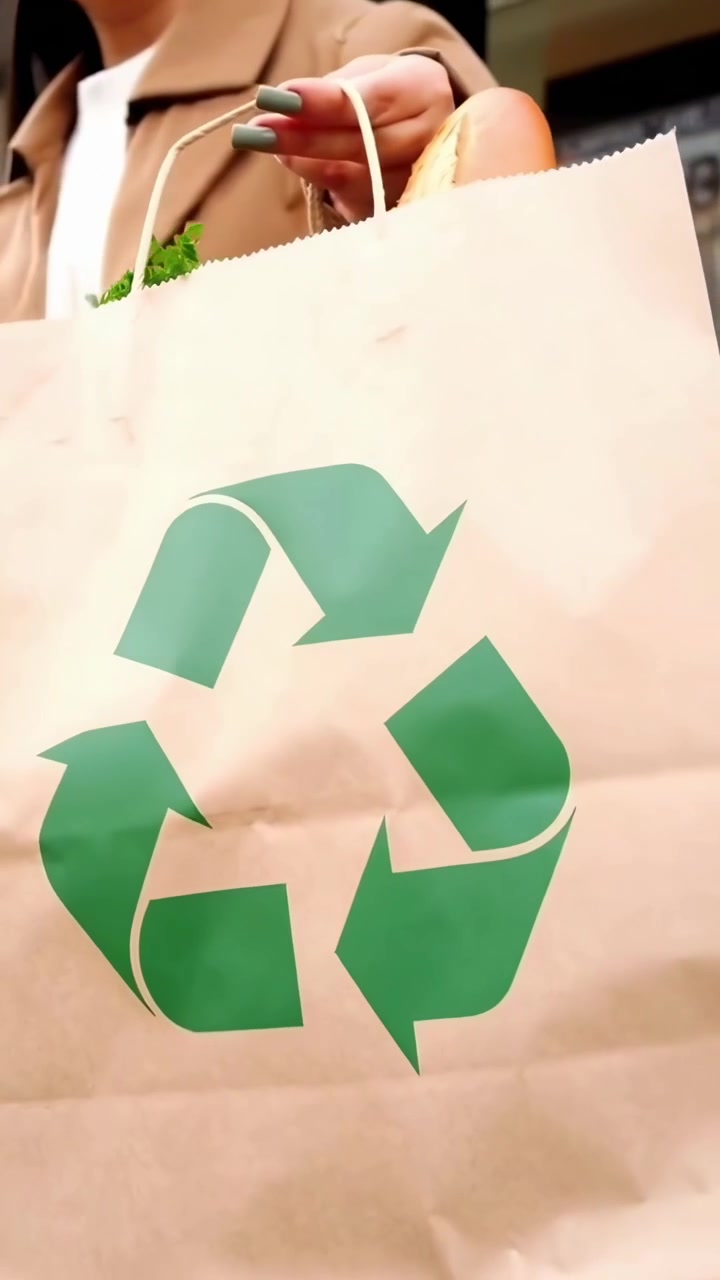 Borsa della spesa di carta ecologica con simbolo del riciclo e generi alimentari