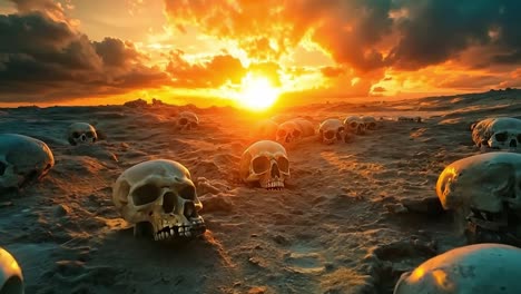 skulls in the desert at sunset