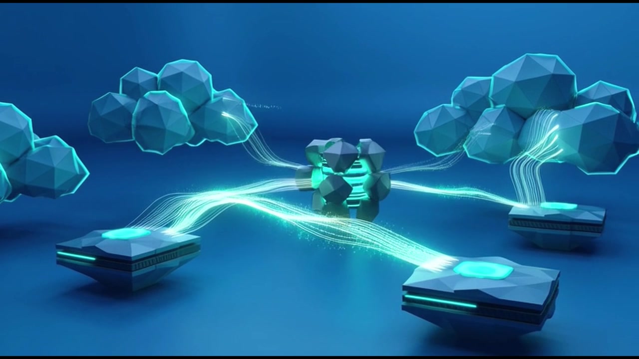 Abstract 3D Animation of Data Transfer Between Digital Platforms and Clouds
