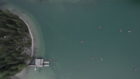 Video-De-Drone-Con-Un-Plano-Cenital-Descendente-En-Forma-De-Espiral,-Marca-De-La-Casa,-Sobre-El-Lago-De-Braies-Con-Botes-Con-Gente-Remando