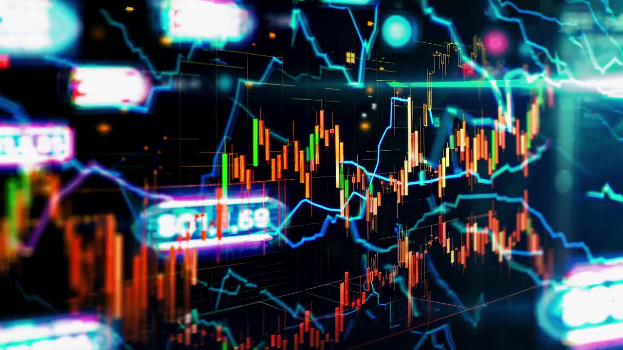 Dynamic video concept of financial markets with a low-angle view, showcasing vibrant, glowing stock