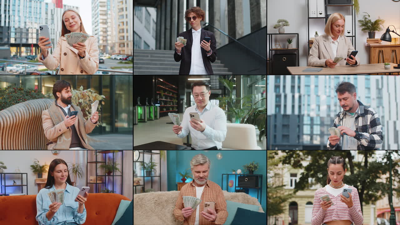 Collage of happy rich people men women with smartphone money dollar cash counting earnings salary
