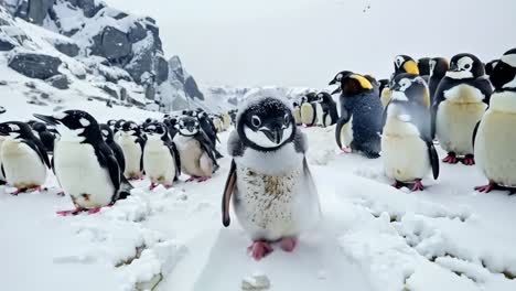 a group of penguins standing on top of a snow covered ground