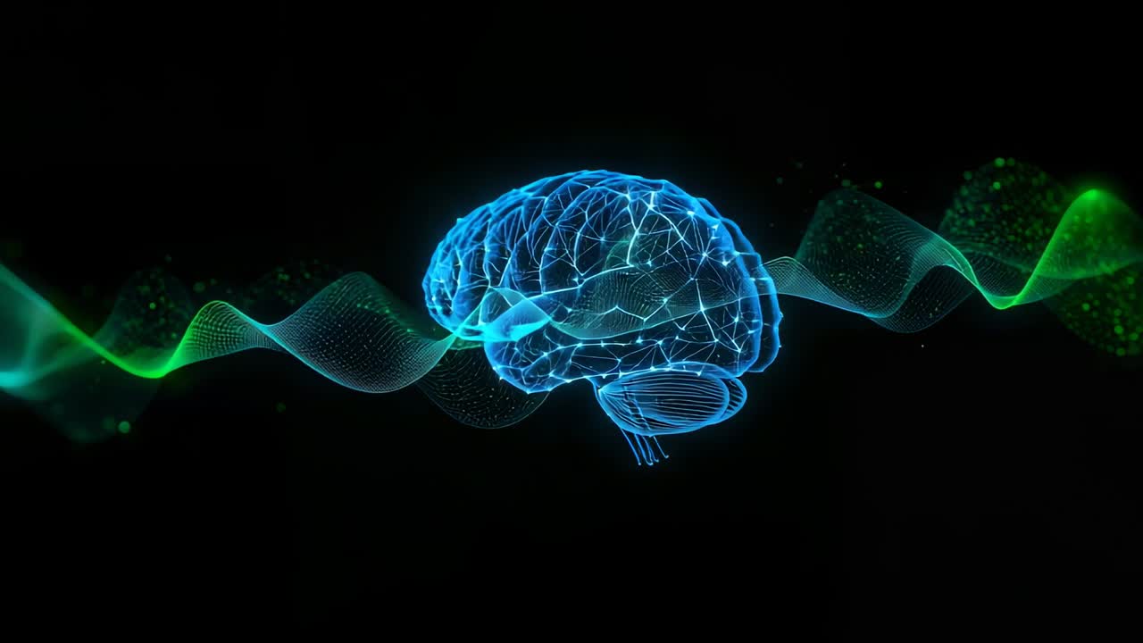Rotating holographic brain responding to waveform motion, turning and pulsing nodes in black void