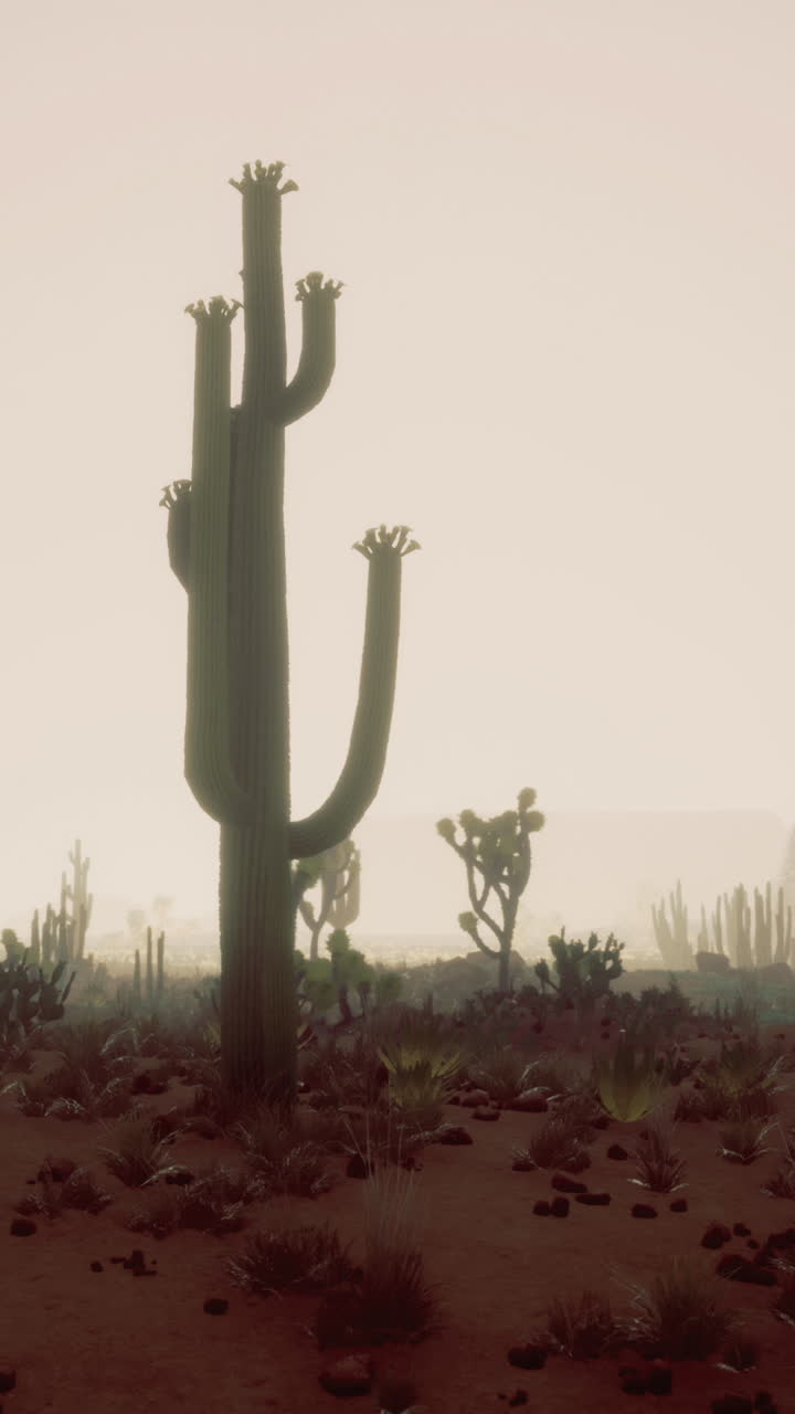 Desert landscape at twilight illuminated by soft light against silhouettes