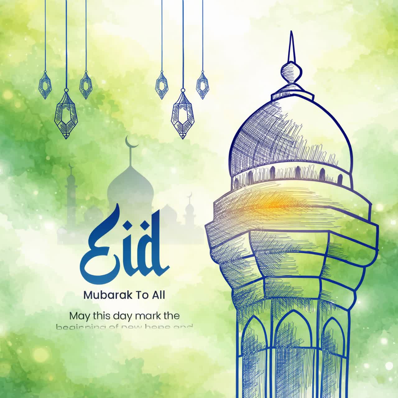 Animazione di auguri per Eid al-Fitr Mubarak con motivi geometrici islamici e decorazioni delicate su sfondo verde tenue