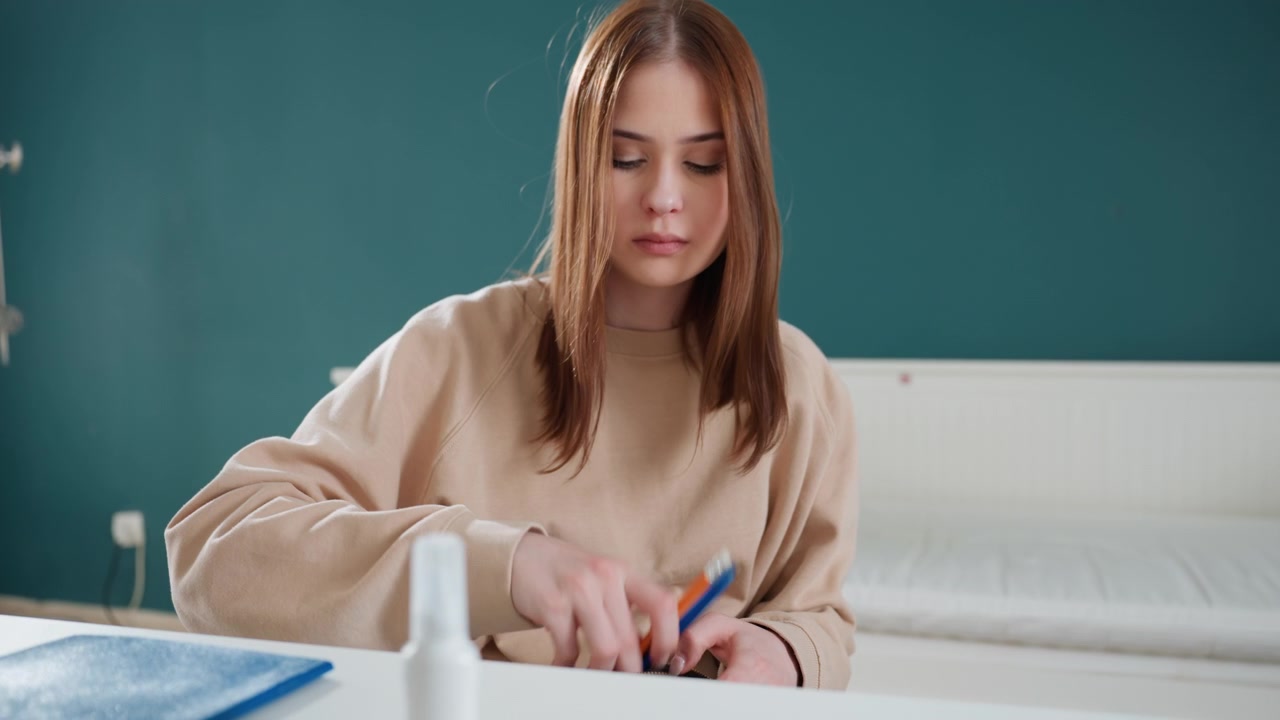 Giovane studente bianco che studia alla scrivania, auto-tutor che pratica con un quaderno di grammatica scrivendo con la penna accanto a una piccola bottiglia spray, sfondo accogliente della camera da letto, parete color verde acqua, umore calmo e concentrato, routine di studio a casa