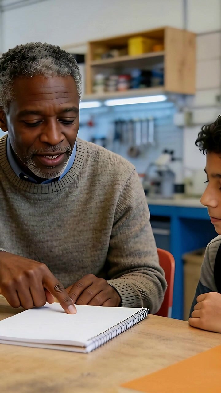 Vertical video: Pointing mentor in grey sweater explaining to student at school shop