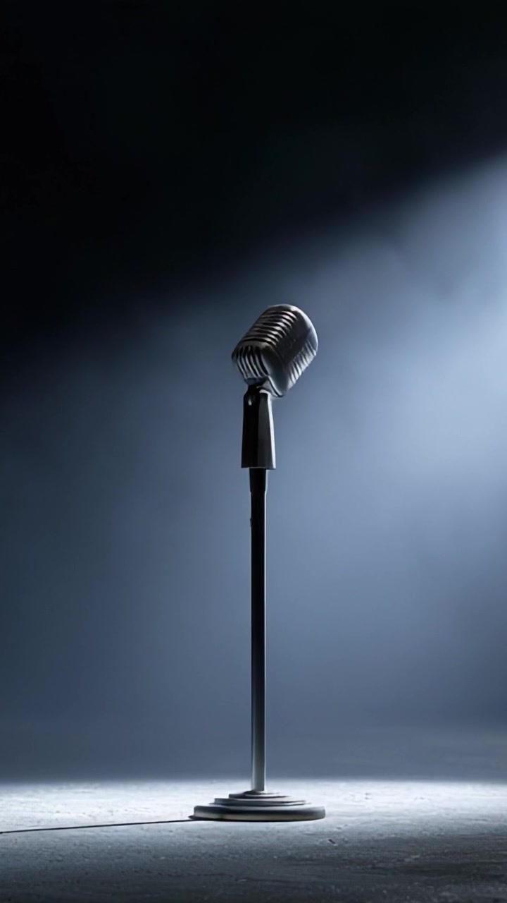Un sorprendente microfono vintage in piedi da solo sotto un riflettore drammatico contro uno sfondo scuro, perfetto per esibizioni musicali o di spoken word.