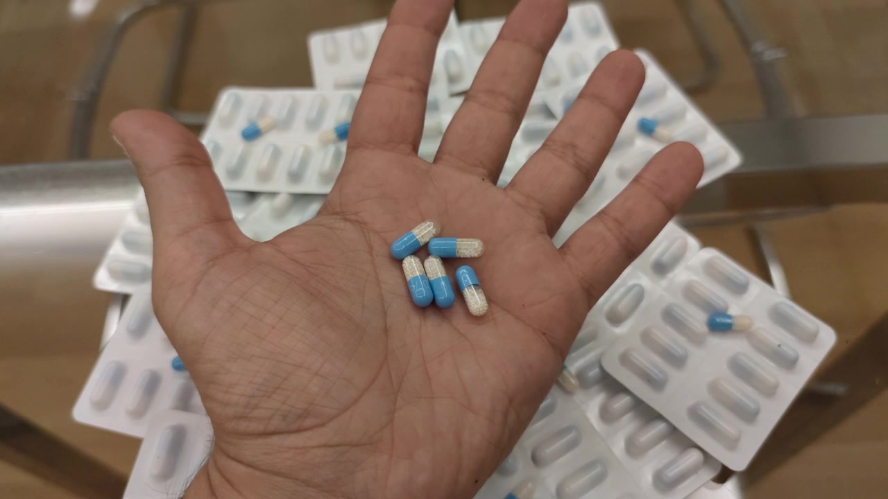 Mão segurando várias cápsulas médicas azuis e brancas.