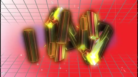 animation of golden crystals moving over grid network against red gradient background