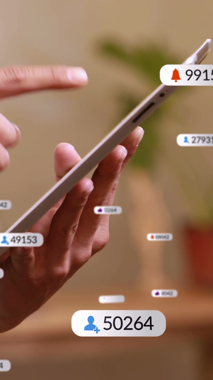 Vertical video: Hands holding tablet tapping edge, making badges pop, grow, drift to show counts
