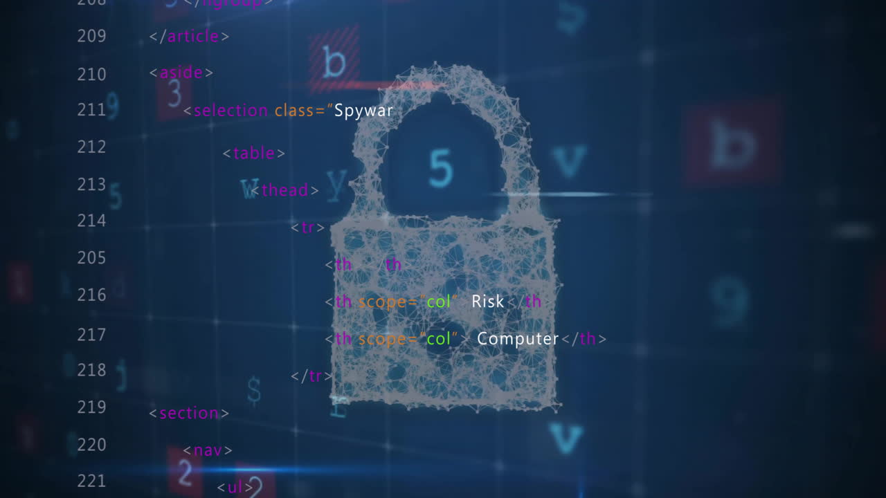 Animation of digital data processing over padlock on dark background
