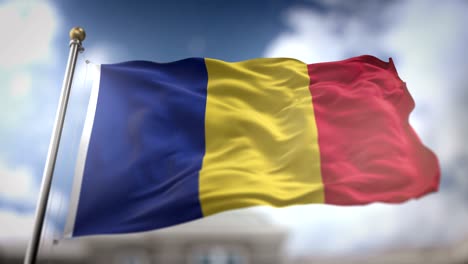 romania flag waving slow motion 3d rendering blue sky background - seamless loop 4k