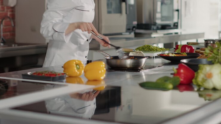 Chef gourmet che prepara un pasto sano nella cucina di un ristorante