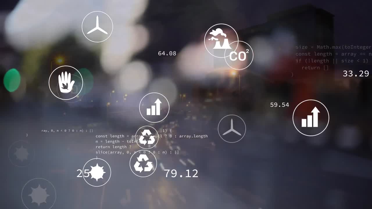 다수의 디지털 아이콘의 애니메이션은 야간 도시 교통의 타임  ⁇ 스 항공 뷰에 대항합니다.