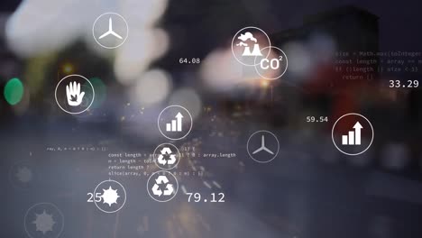 animación de múltiples iconos digitales contra una vista aérea del lapso de tiempo del tráfico nocturno de la ciudad