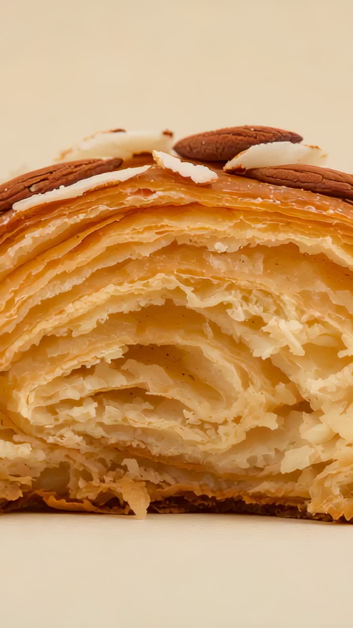 Vertical video: Shifting camera revealing pastry slice in studio, showing layers and almond topping