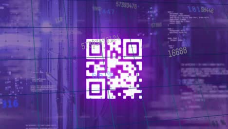 animation of changing numbers over neon qr code and data processing against computer server room