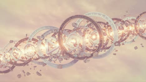 a mesmerizing visual journey through time and space: an artistic representation of cosmic rings and floating elements illuminated by celestial light