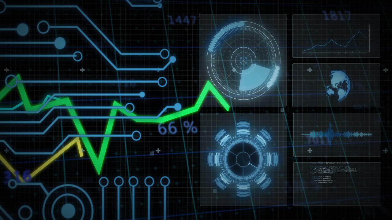 On start digital dashboard panels animating and updating to visualize live data flow in flat design