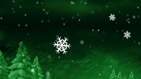 Animación-De-Copos-De-Nieve-Navideños-Cayendo-Sobre-El-Fondo-Verde-Del-Paisaje-Invernal