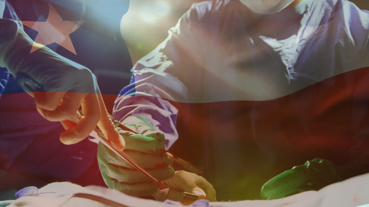 병원에서 수술을 수행하는 다양한 외과 의사 팀 위에 칠레 발을 흔드는 애니메이션