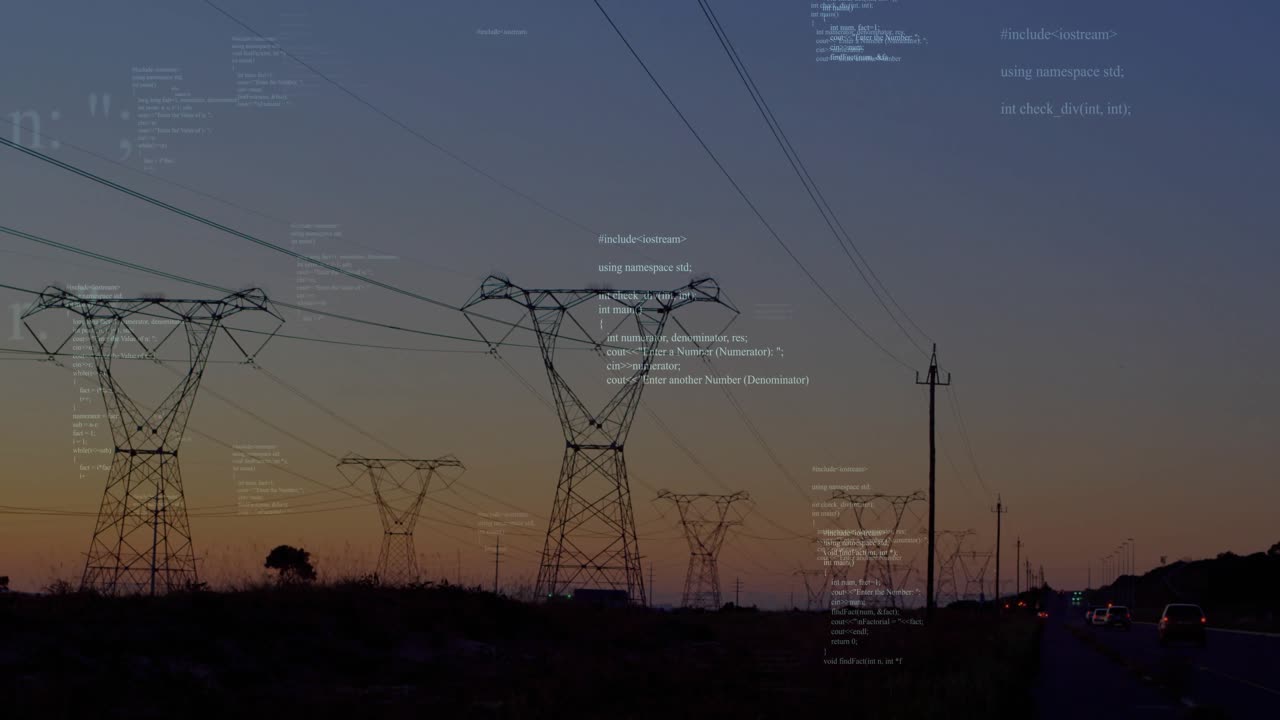 Kodestykker falmer omkring et tårn efter udsigt til motorvej, hvilket repræsenterer dataflow, mens biler nærmer sig.