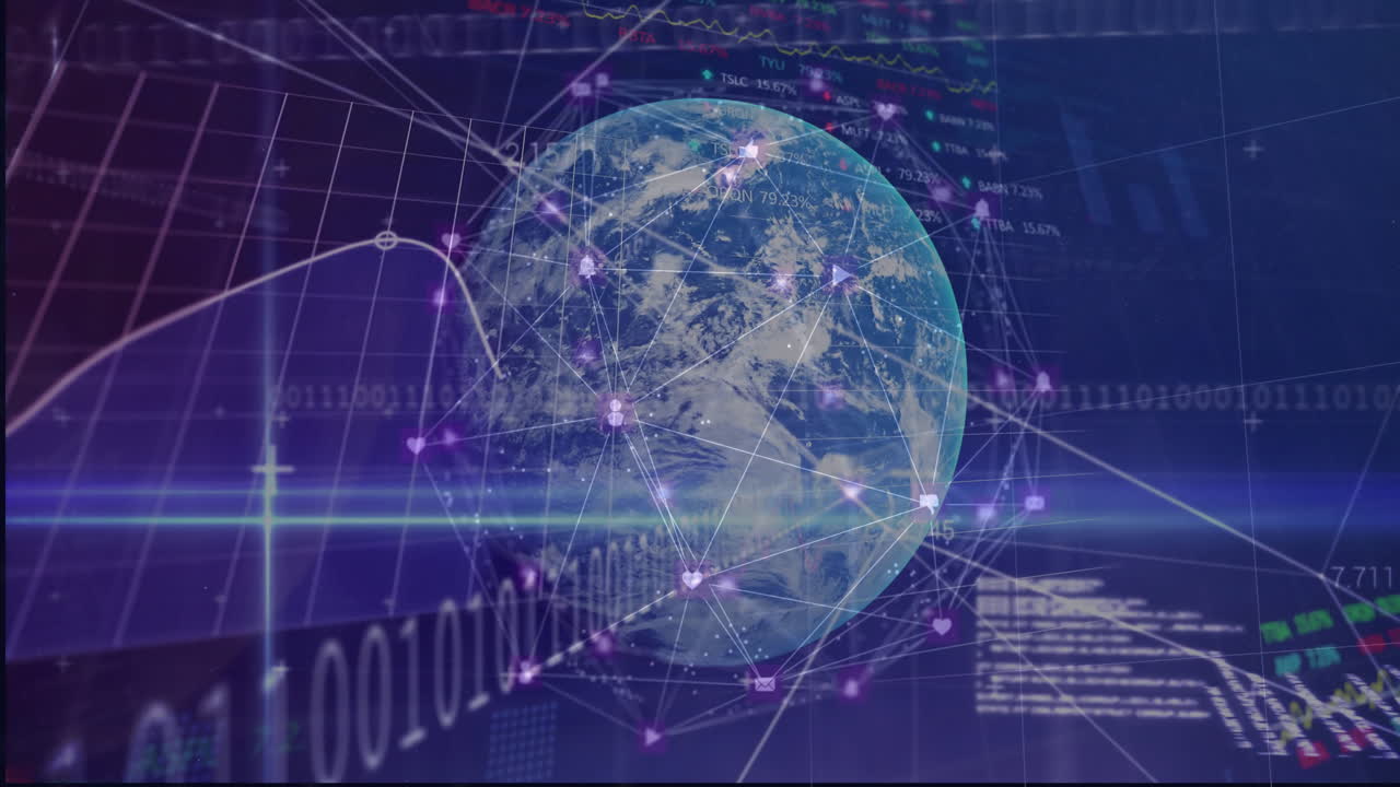 Digital globe with network connections and binary code over financial data animation
