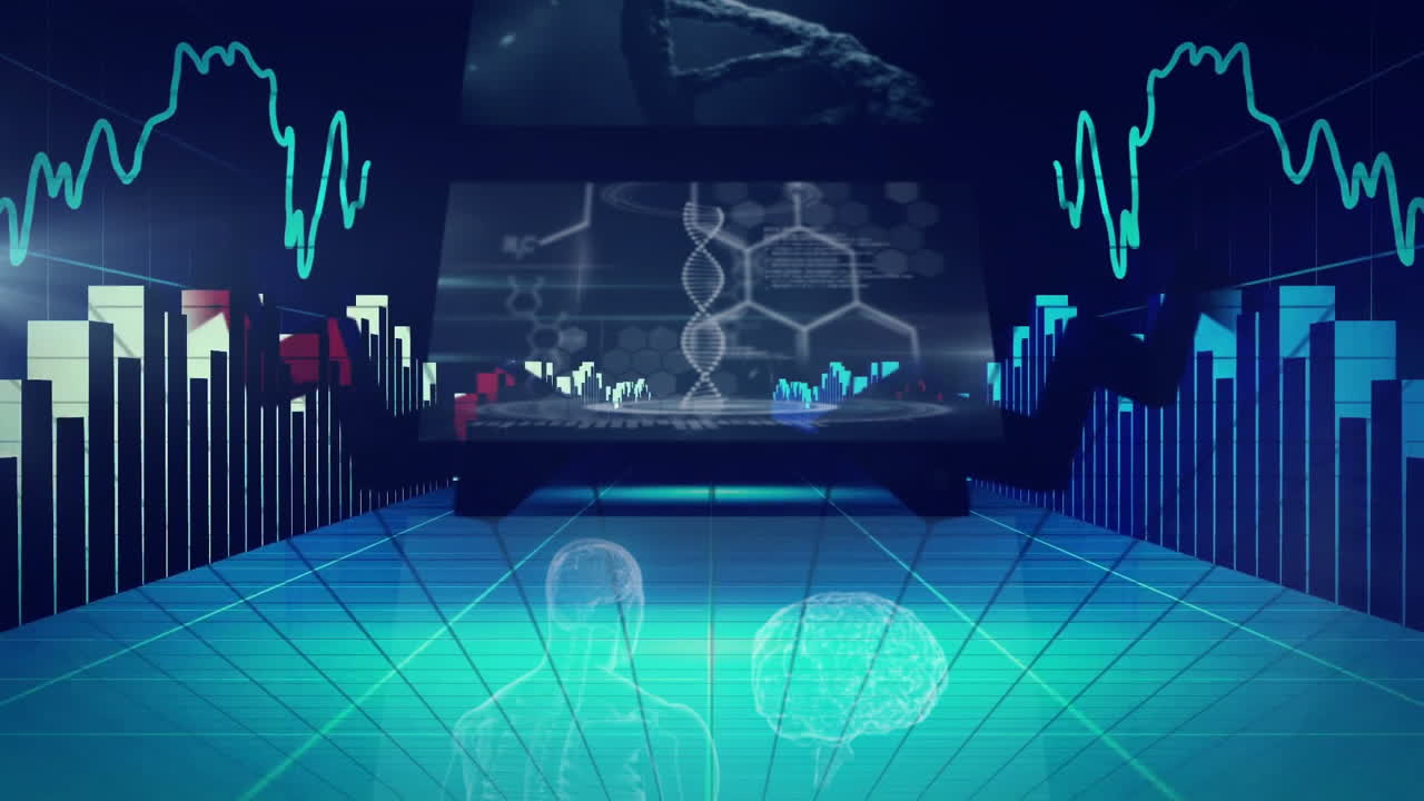 Digital brain and DNA graphics over futuristic data processing animation