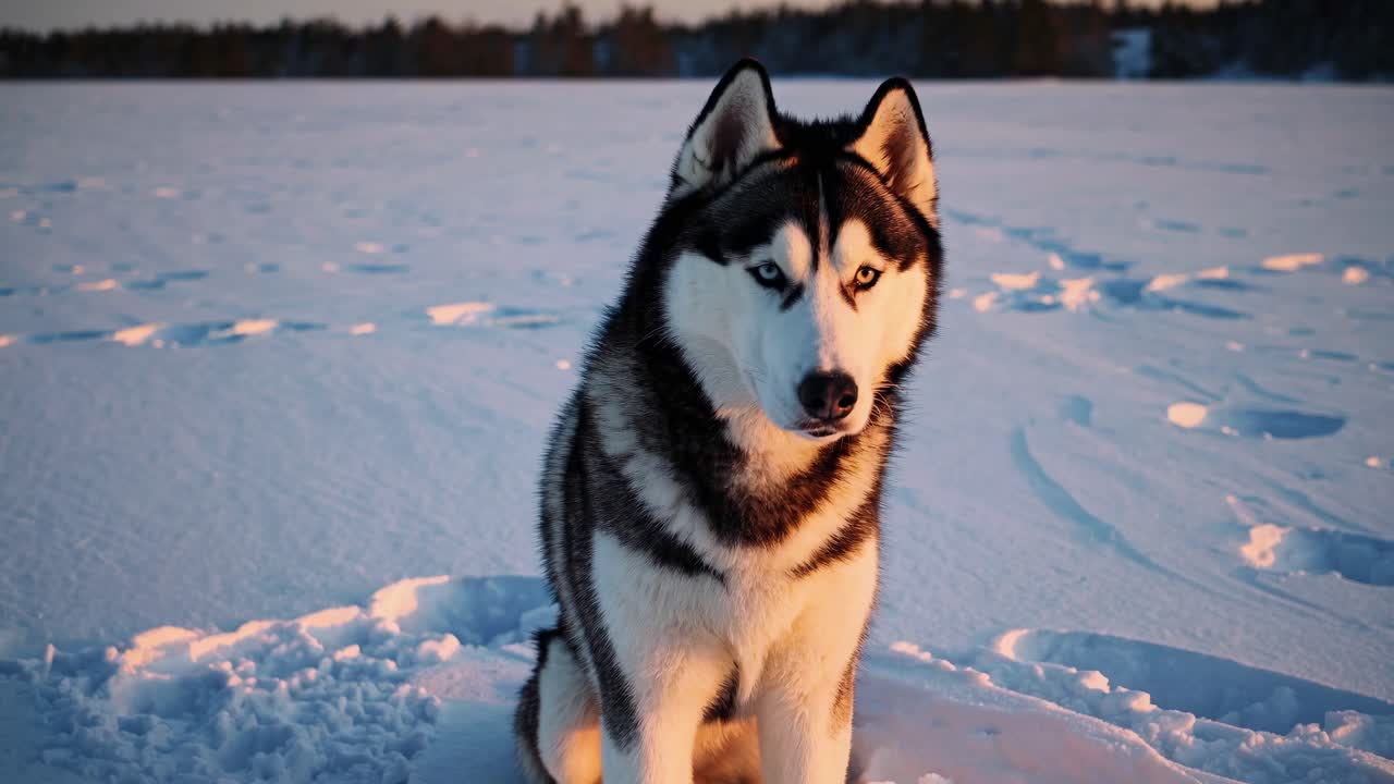 A Siberian Husky sits on a snowy landscape at sunset, captured from a low-angle