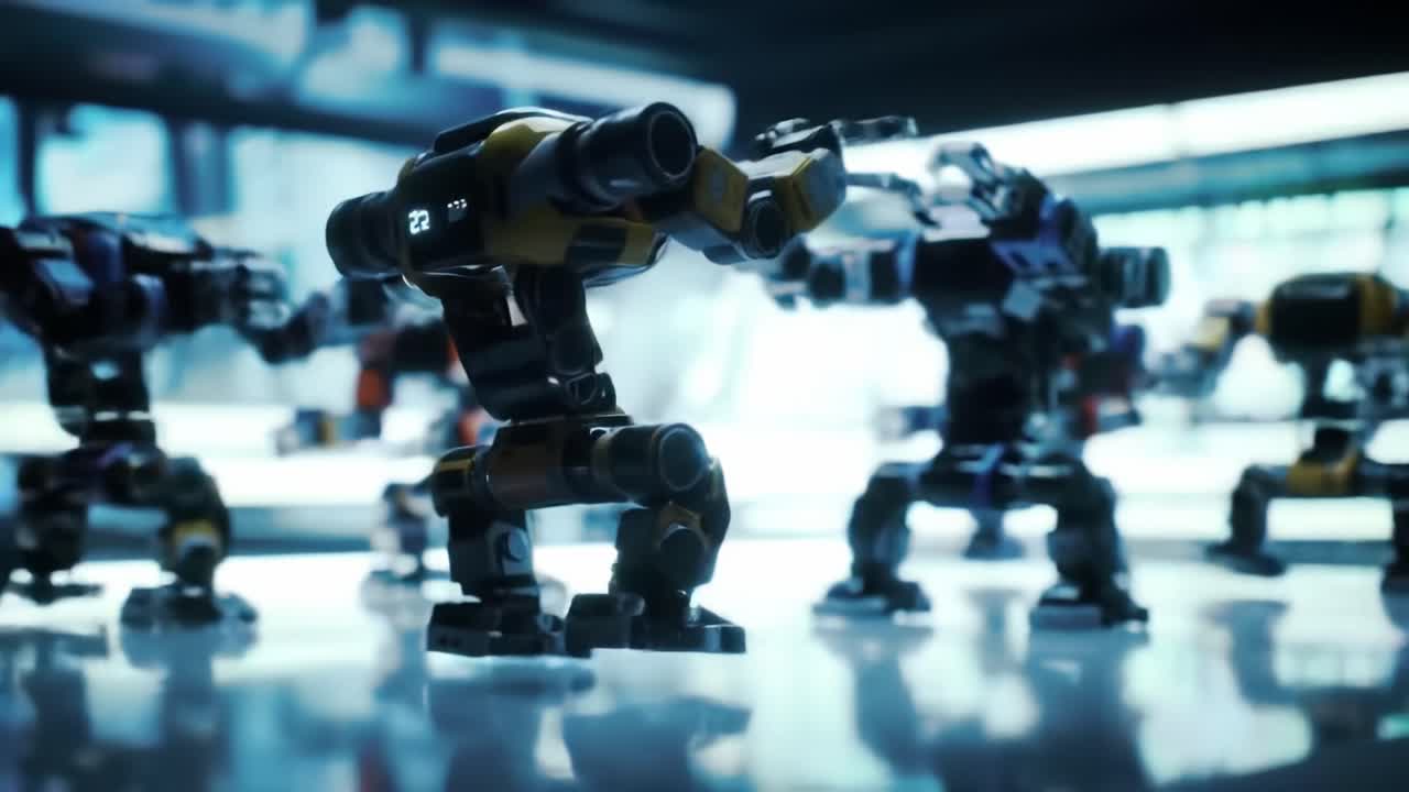 Small robotic units compete in an advanced combat simulation, showcasing agility and precision in a high-tech environment. The facility has a sleek design that enhances the competitive atmosphere.